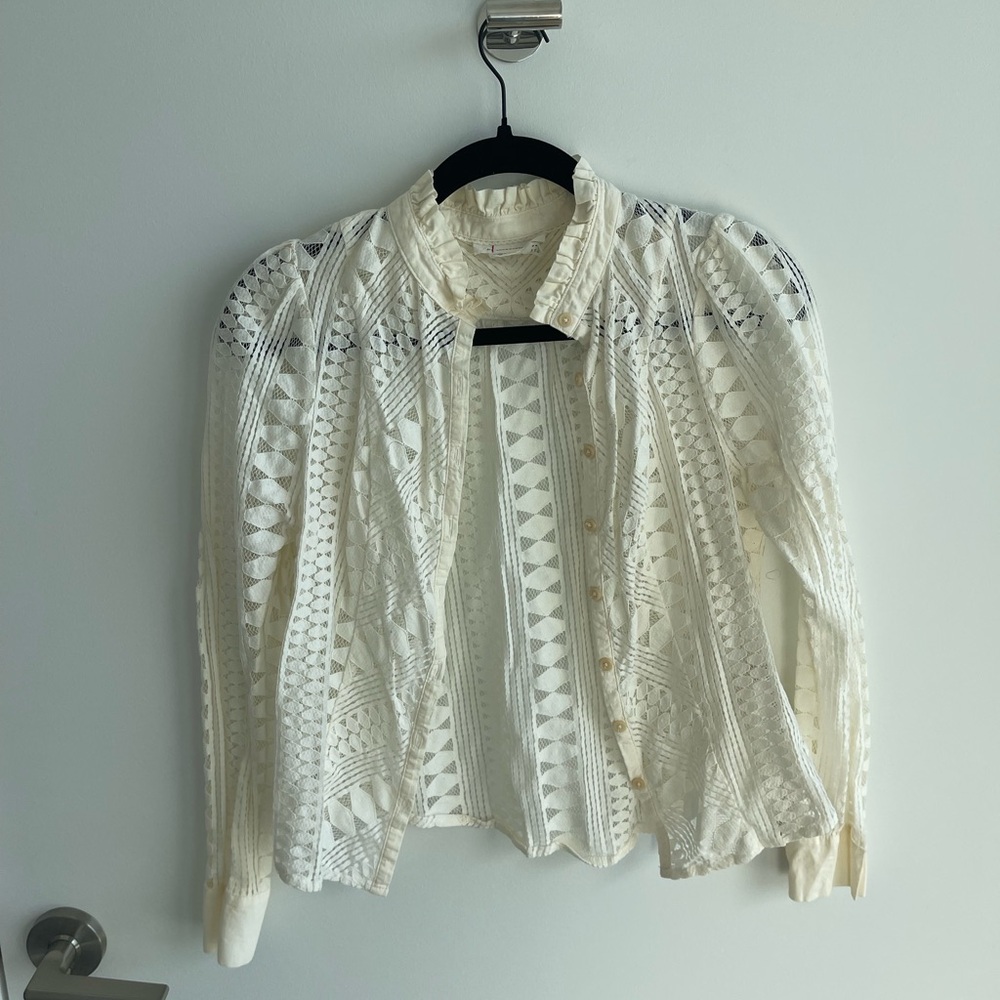 Anthropologie Ivory Lace Long-Sleeve Button Front Top